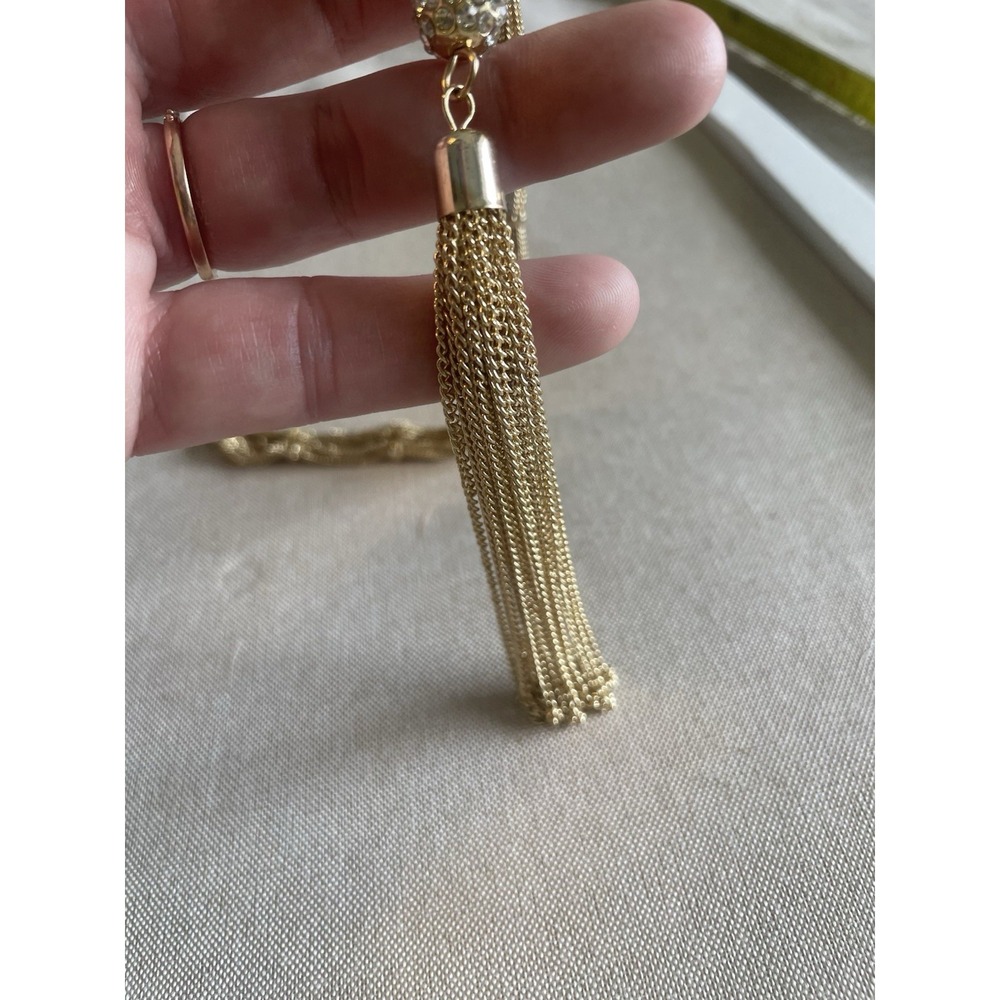 Gold Tone Tassel Necklace Rhinestone Bead Lariat Fringe Statement 19" Chain - Picture 5 of 8